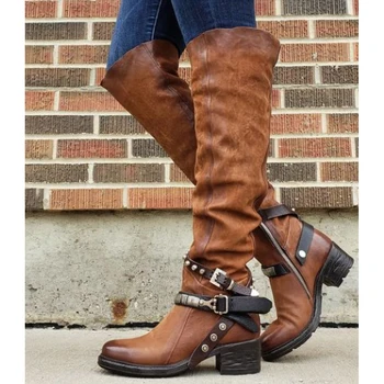 

NAN JIU MOUNTAIN 2020 Women Winter Leather Punk style knee boots Vintage stud zip Women's boots with belt buckle Plus Size shoes