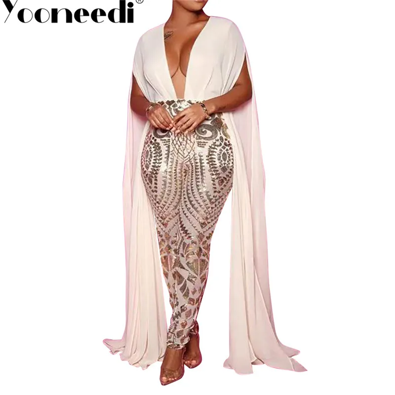 Yooneedi Autumn Design Sexy Women Jumpsuits 3 Color Solid Sequins V-neck Cloak Sleeve Ladies Rompers FLS-9509