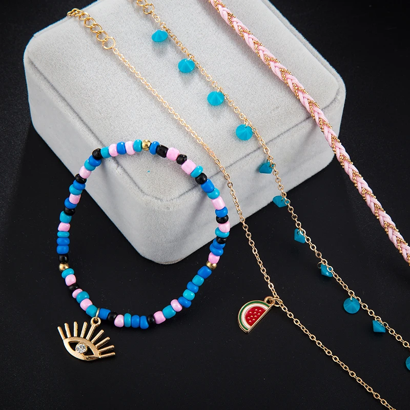 Docona Boho 4pcs/sets Colorful Beaded Anklets Summer Watermelon Eyes Pendant Rope Feet Bracelets Women Accessories 8369 - Image 3