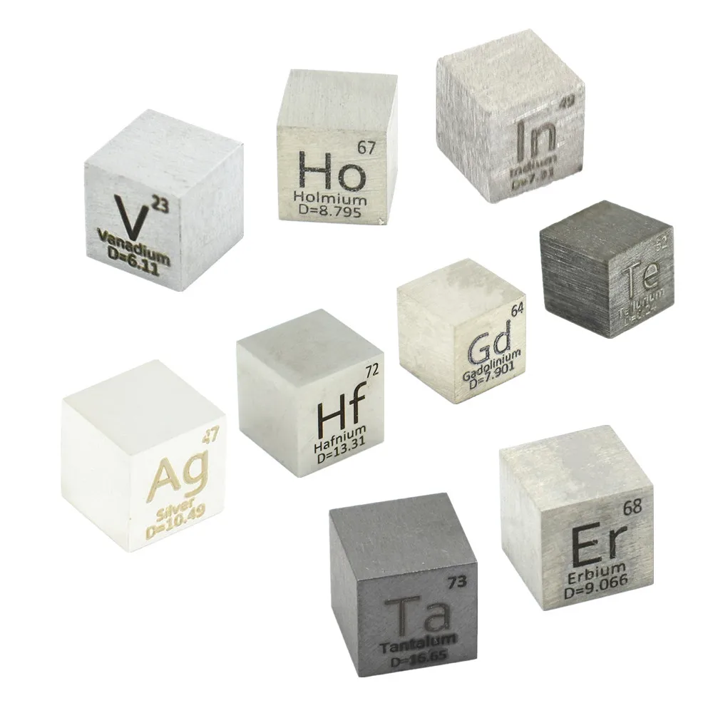 

New Arrival 9 PCS Element Metal Cube Set 10mm Density Cubes Up 99.99% Purity Hafnium Indium Vanadium Silver Te Ho Gd Ta Er