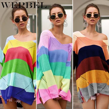 

WEPBEL Women Autumn Winter Casual Knit Sweater Pullover Rainbow Stitching Loose Long Sleeve Pullover O-Neck Sweater