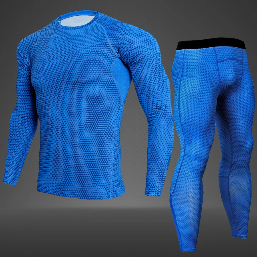 New Model Sweat Quick Dry Compression Sets Men Long Johns Thermal Underwear fitness bodybuilding shapers - Цвет: Blue - suit