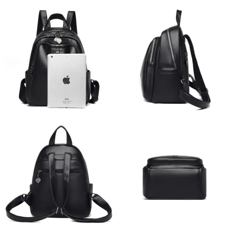 Women Leather Backpack 2022 Black Travel Shoulder Bag Soft School Bag For Teenage Girls Solid Color Rucksack Purse 2