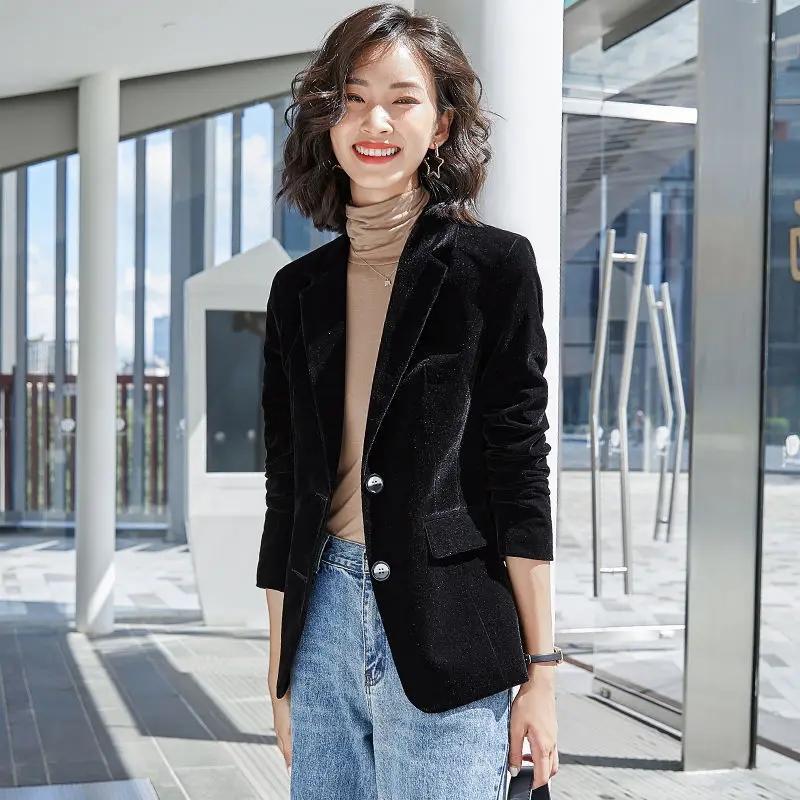 PEONFLY-Chaqueta de terciopelo de manga larga para mujer, traje ajustado a la moda, chaqueta informal de talla grande, primavera y otoño, 2022 ► Foto 3/6