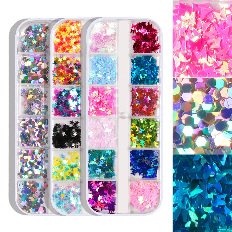 12 grids prego glitter borboleta redonda estrela de cinco pontas padrão geométrico 9 tipos de acessórios de unhas 3d em lantejoulas cores misturadas