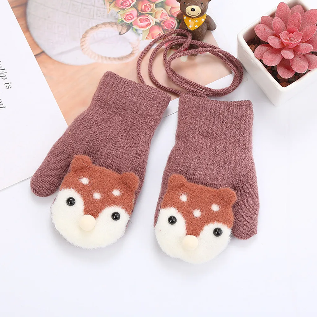 Curte/Детские Зимние перчатки для мальчиков и девочек, очень милые теплые вязаные перчатки с рисунками животных из мультфильмов, Висячие на шее, с длинными пальцами, для детей 1-3 лет