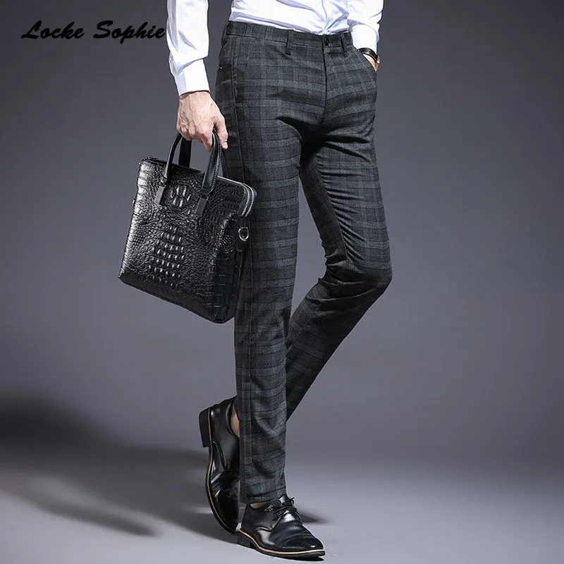 Men's high waist Pencil pants trousers Autumn cotton blend plaid Splicing elastic suit pants men Skinny business trousers