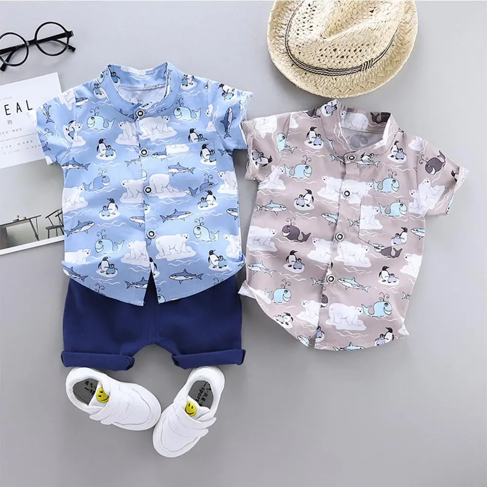 

2Pcs/set Baby Suit Boy Summer Shirt + Shorts Penguin Stand Collar Short Sleeve for 0 - 4 Years Old Children Boys Short Set