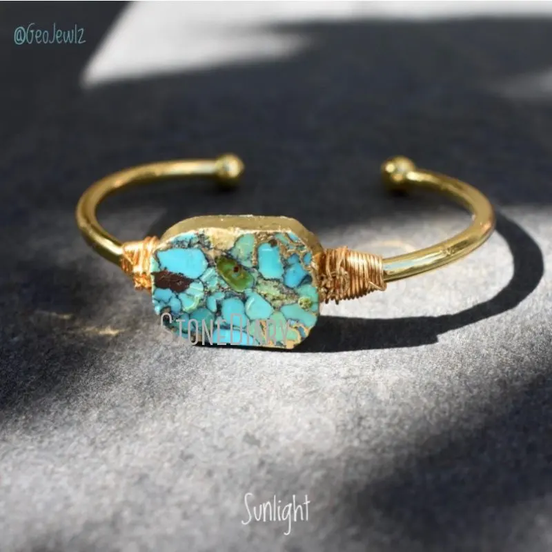 

BM27695 Raw Turquoise Gemstone Free Form Adjustable Cuff Bangle Wire Wrapped Gold Plated Bracelet Bridesmaid Gift