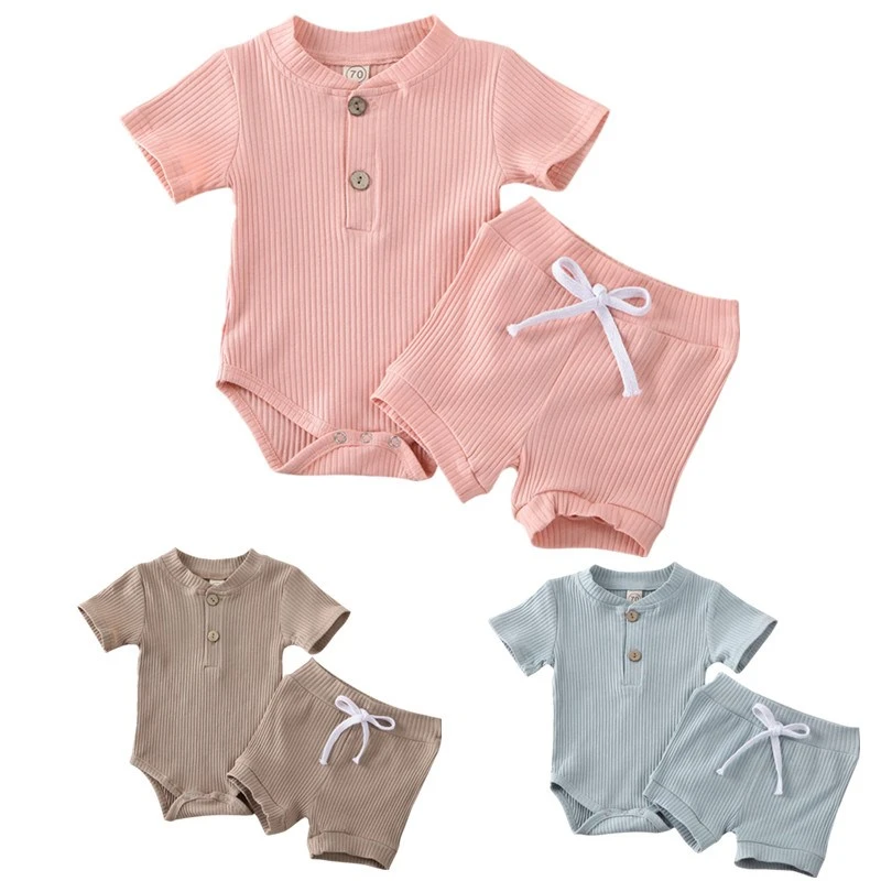 Baby Summer Clothing Kid Clothes Baby Boy Short Sleeve Bodysuit Girl Shorts Newborn Ribbed Solid 2Pcs Outfits Set vintage Baby Clothing Set