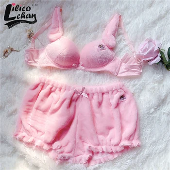 

2020 Japanese Kawaii Velvet Bra Set With Fluffy Bloomer Shorts Adorable Anime Long Ear Doggy Cartoon Pattern Pajamas For Girls