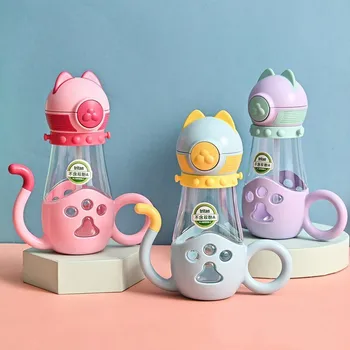 

2020 New Creative Kitten Shape Children Water Bottle Water Cup Tritan Meterial Handle Leak-proof Strap Baby Straw Cup BPA Free