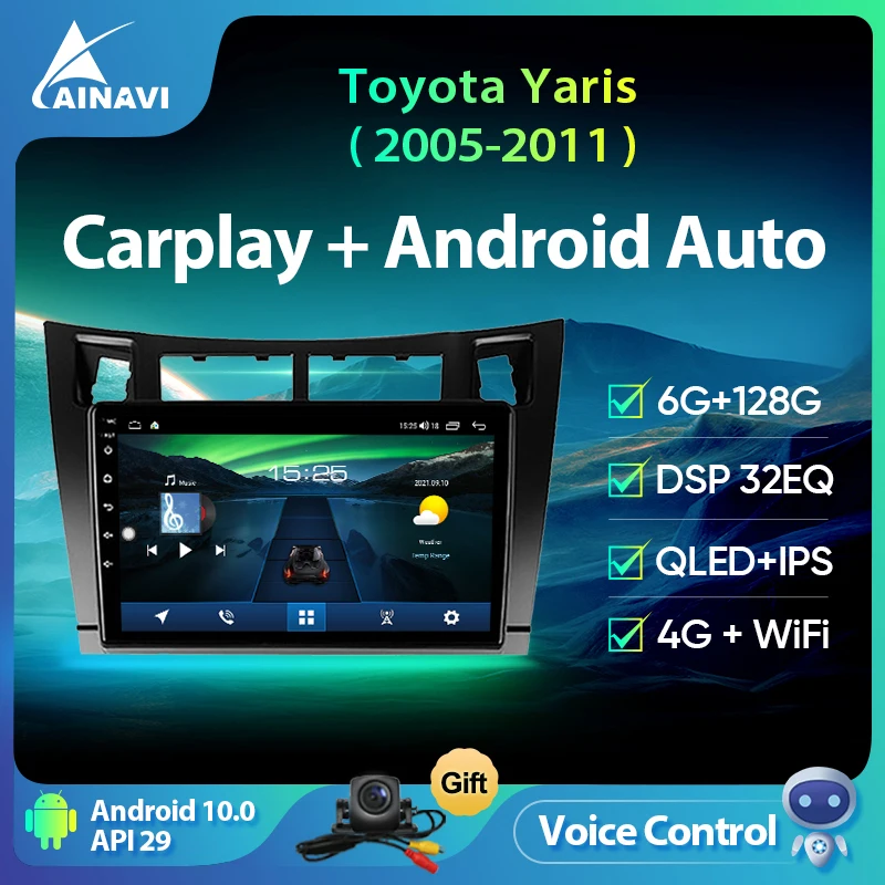 Ainavi Android 10 0 автомобильный радиоприемник 8 ядер 6 + 128G QLED для Toyota Yaris 2005-2011