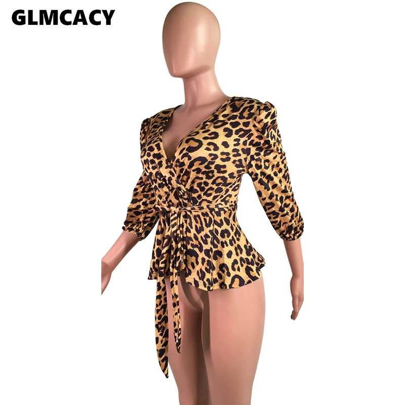 Для Женщин Половина рукава V образным вырезом баски леопардовые Топы Элегантные Осенние блузки рубашка стильный шик OL Рабочая одежда уличная