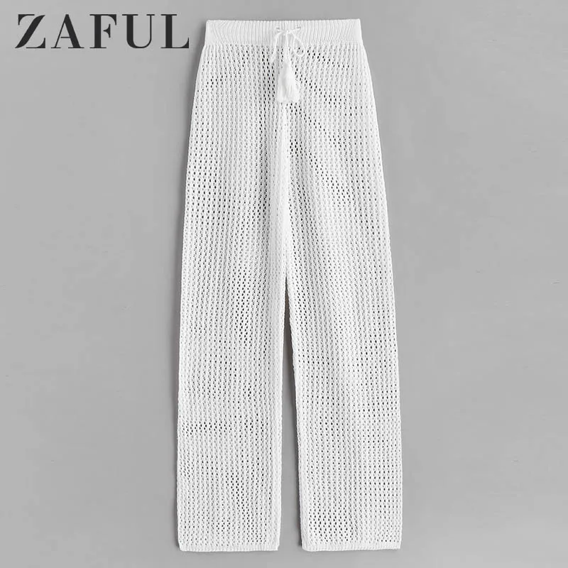 ZAFUL, вязаные крючком пляжные штаны с завязками, женские одноцветные сексуальные узкие брюки на шнуровке, длинные штаны,, осенняя Повседневная Уличная одежда
