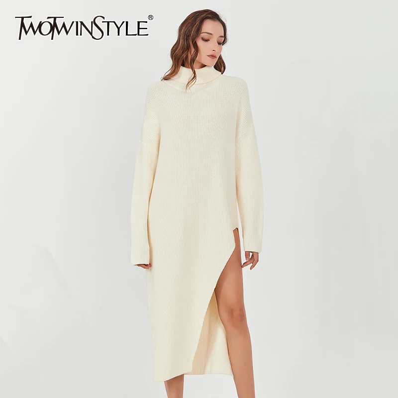 

TWOTWINSTYLE Asymmetrical Casual Sweater For Women Turtleneck Long Sleeve Irregular Hem Pullovers Female 2020 Fall Fashion New