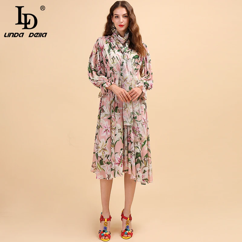 

LD LINDA DELLA Autumn Fashion Runway Dress Women's V Neck Scarf Belted Casual Chiffon Floral Print Midi Elegant Holiday Dress