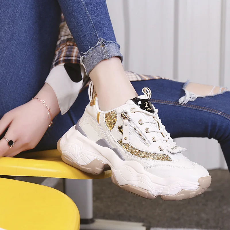 

Womens Sneakers 2019 new zipper Sequin Gold thick high platform women's sports shoes chunky casual tennis shoes ladies