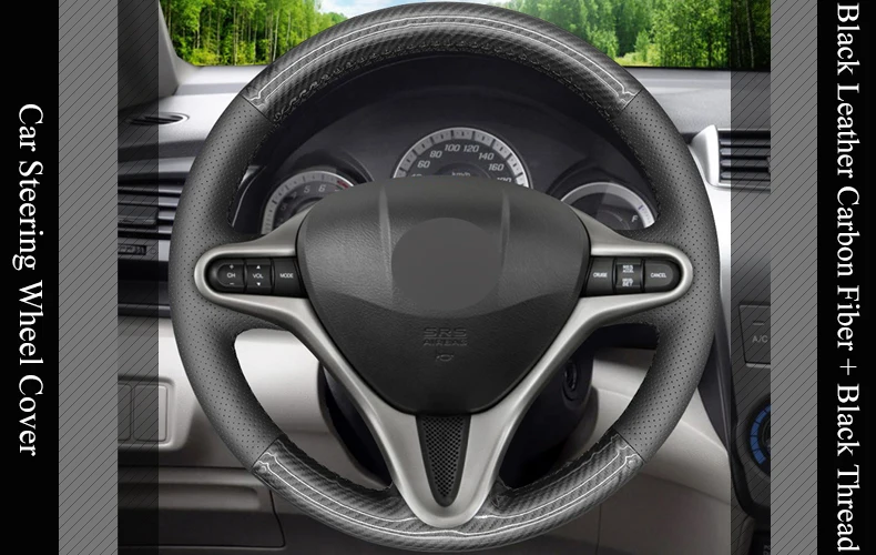 LQTENLEO черная кожаная крышка рулевого колеса из углеродного волокна для Honda Fit 2009-2013 City 2009-2013 Jazz 2009-2013 Insight 2010