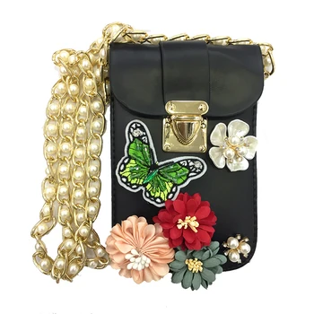 

New Fashion Black/Gold Three-Dimensional Floral Phone Bags Fashion 2020 Butterfly Women Daily Clutch Luxury PU Leather Bags