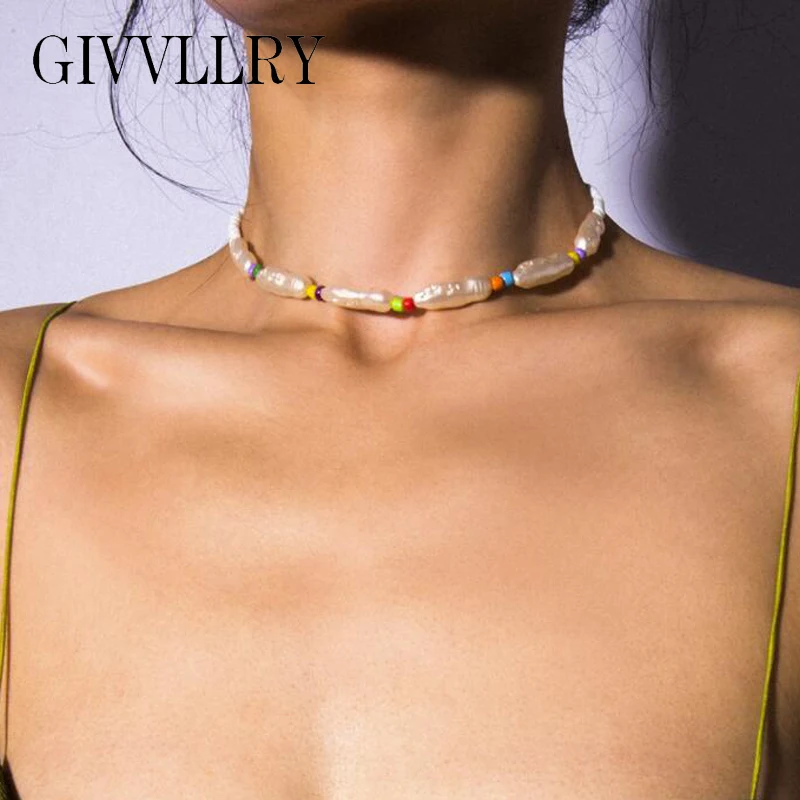 

GIVVLLRY Baroque Pearl Choker Necklace for Women Bohemian Ethnic Colorful Beads Collar Chain Necklace Fashion Jewelry