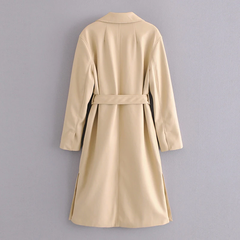 Wixra Womens Trench Oversized Faux Leather Stylish High Quality Khaki Long Coat Female Classic Windbreaker Waterproof Outerwear
