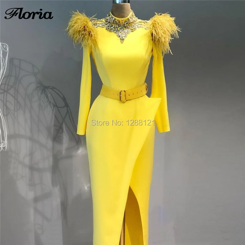 

Muslim Yellow Feathers Evening Dresses Vestido De Festa 2019 Middle East Turkish Prom Dress Dubai Long Split Side Formal Dress