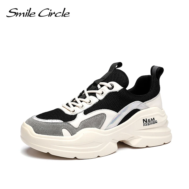 Smile Circle Women Sneakers Flat Platform shoes Genuine Leather Fashion Breathable Lace-up Student sneakers