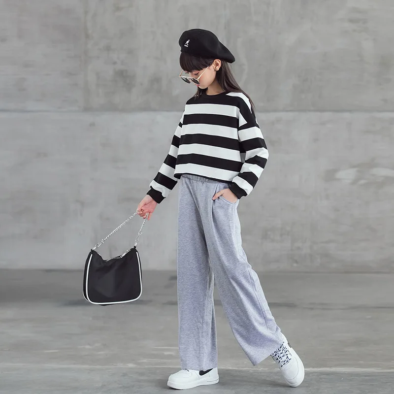 

10 12 years Girls Spring Autumn Clothes Set Long Sleeve Causal Stripe Tops and Pants Two-Piece Suits