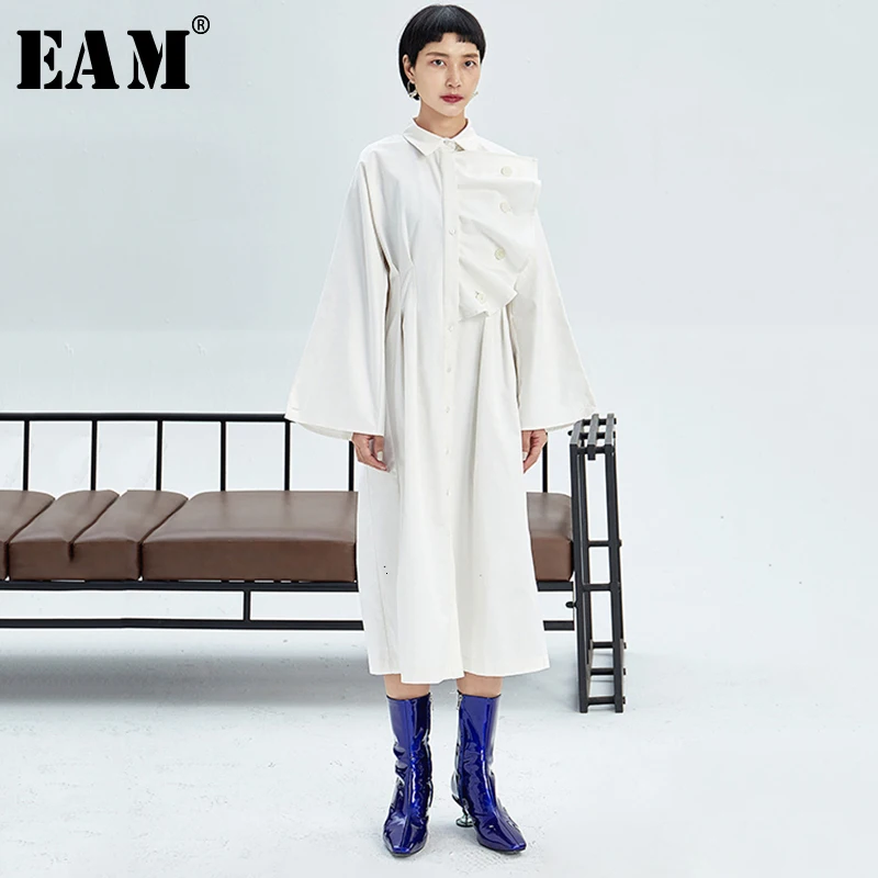 

[EAM] Women White Ruffles Split Joint Temperament Dress New Lapel Long Sleeve Loose Fit Fashion Tide Spring Autumn 2020 1K716