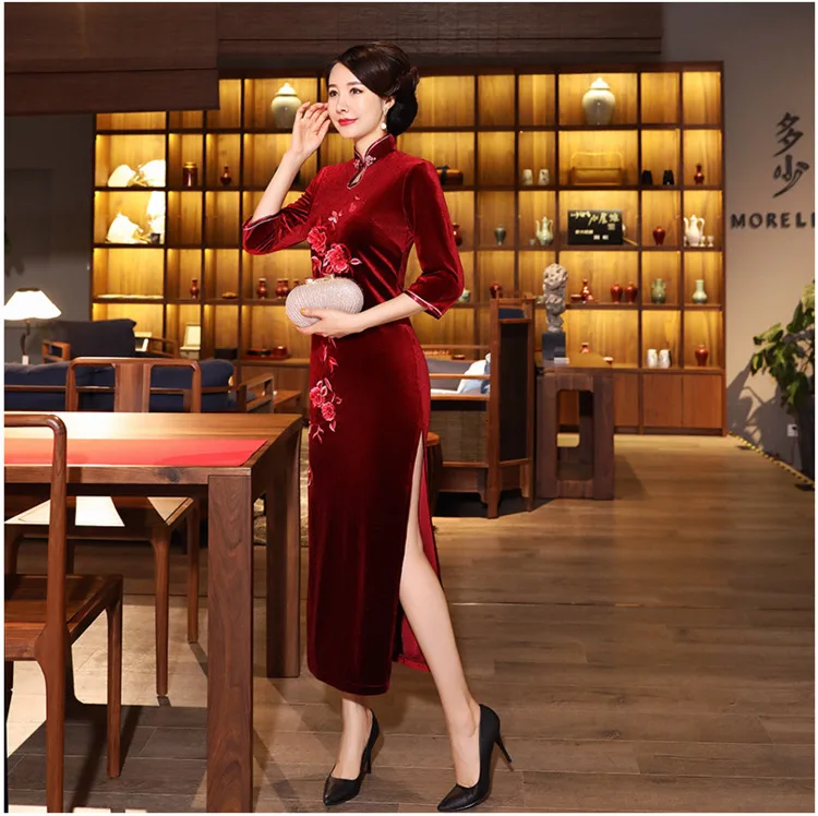 Sheng Coco синий бархат Cheongsam длинное платье цветок вышитые Qipao Женская одежда Тонкий китайский осенняя одежда красный фиолетовый
