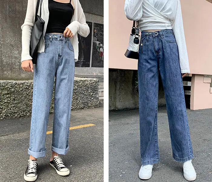 long Mopping jeans female loose autumn high waist straight pants Korean wide leg pants jeans mujer