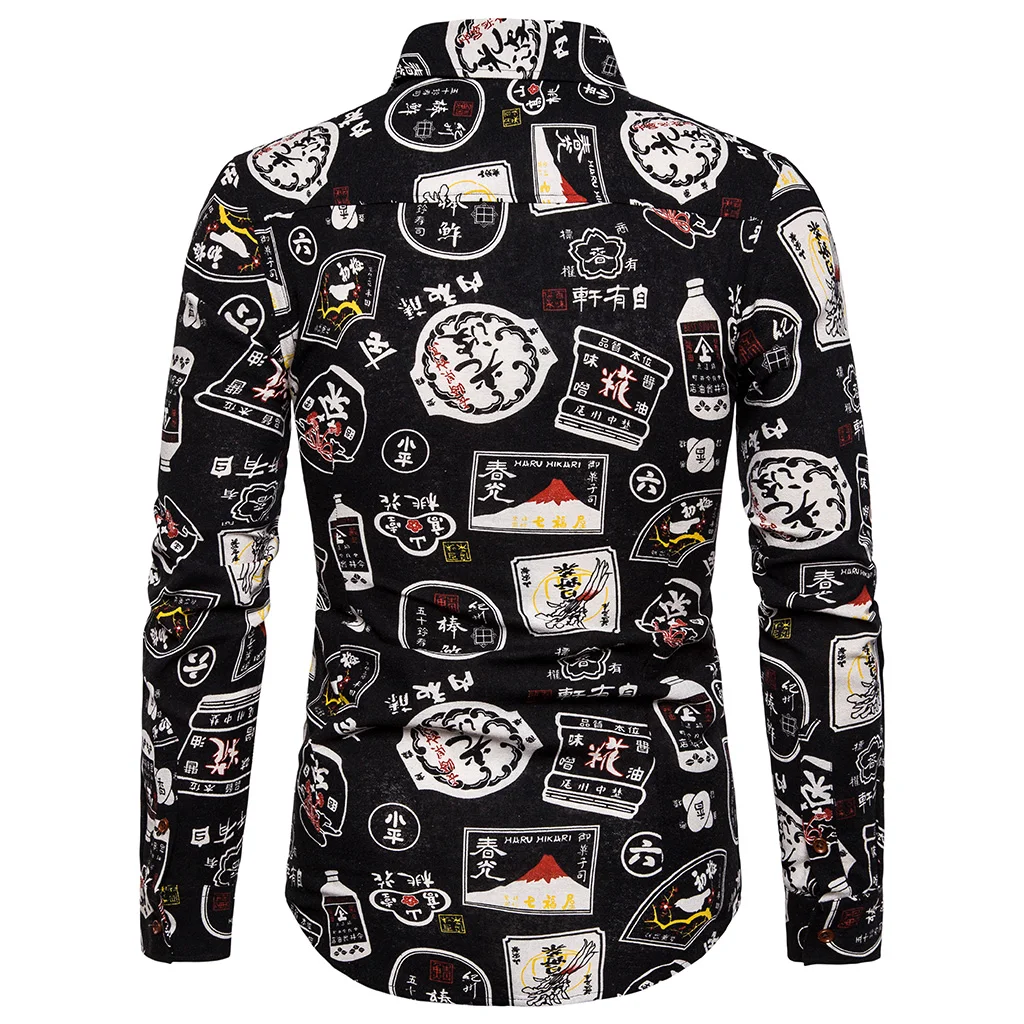 Новая модная мужская рубашка с хлопком с мультяшным принтом Camisa, черные рубашки для мужчин, повседневные рубашки с длинными рукавами, гавайская одежда, Hombre 5XL