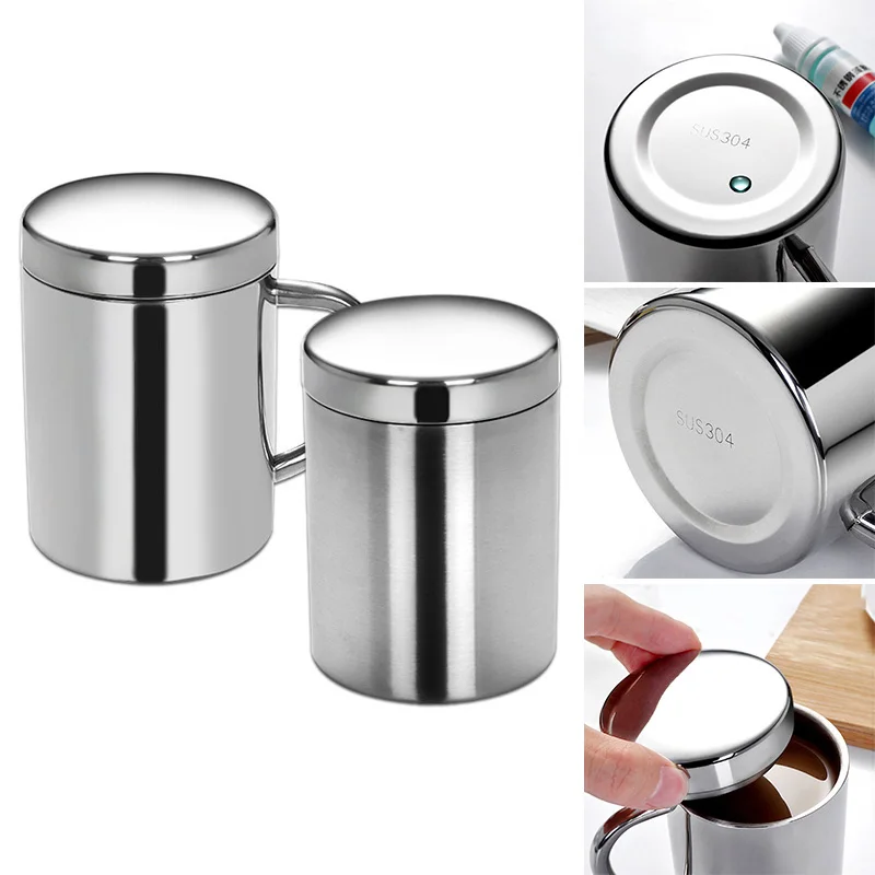 Double Layer Insulated Coffee Mug Stainless Steel Drinking Cup W/ Handle& Lid