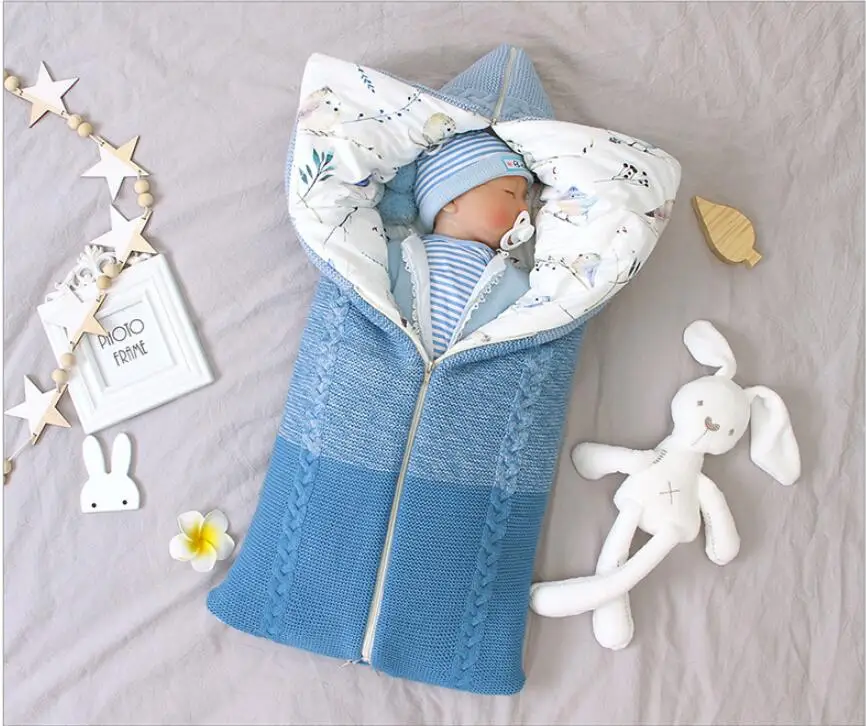 Winter knit baby blanket toddler baby swaddling sleeping blanket newborn envelope swaddle thick zipper anti-kick sleeping bag