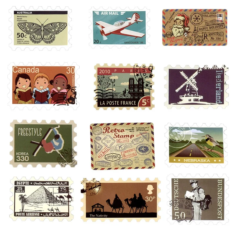 50 PCS Retro Stamp Stickers Toy Travel Landmark Building Postmark Postage Decals Sticker for DIY Suitcase Guitar Laptop Car Bike