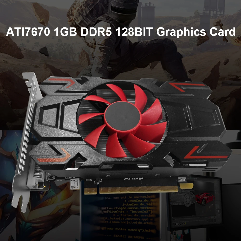 ATI7670 1GB DDR5 128Bit Computer Discrete Graphics Video Card with Red Cooling Fan Video Cards Accessories for Desktop Computer