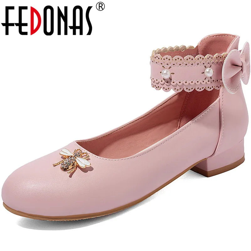 

FEDONAS New Retro Spring Summer Women Party Prom Pumps Butterfly Knot Thick Heels Shoes Pearl Decoration Round Toe Shoes Woman