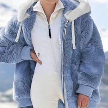 FAKUNTN Women Jackets Winter New Warm Plush Furry Fashion Patchwork Zipper Pocket Hooded Coats Female Casual Loose Long Sleeve