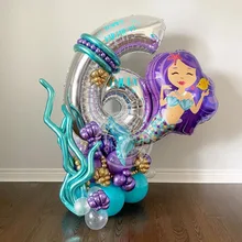 Conjunto de Globos de sirena púrpura, suministros de decoración para fiesta de cumpleaños, número de aluminio de 30 pulgadas, de 0 a 10 años, 36 piezas