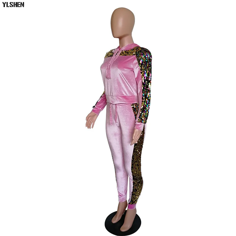 2 Two Piece Set Velvet Tracksuit Women Sexy Sequins Jogging Femme Plus Size Long Sleeve Tops +Pants Sweat Suits Matching Sets 28
