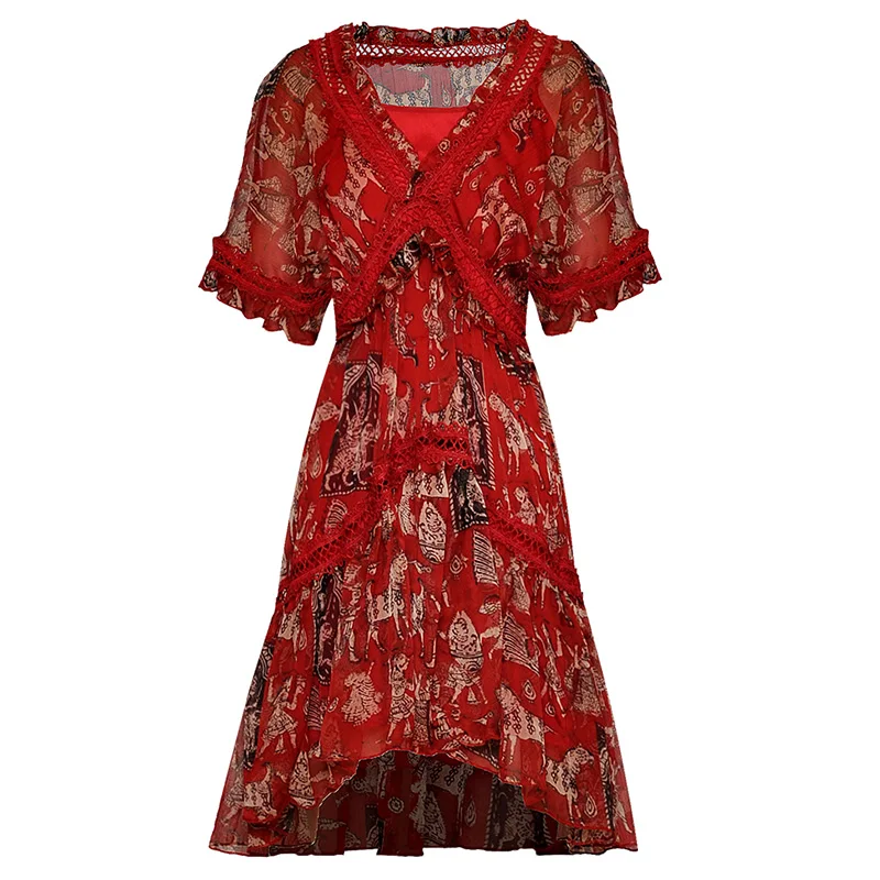 

retro print luxury clothes women designers hollow out crochet lace v-neck empire waist short sleeved high low beach dress