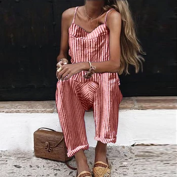 

Sleeveless Strapped Dungaree Jumpsuits Women Solid Black Overalls Casual Loose Pockets Long Harem Pants Baggy Bib Trousers Lady