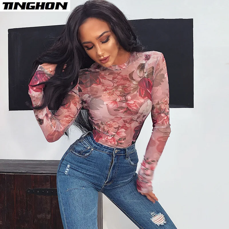 

Vintage Rose Print Long Sleeve T Shirt Women Sexy Mesh T-shirt See Through Red Female Flower Tshirt Slim Fit Harajuku Winter F1