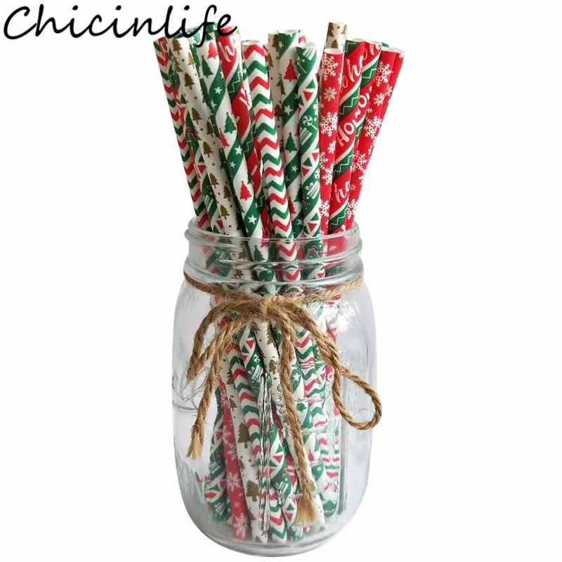 Chicinlife, 25 шт., Рождественские елки, бумажные соломинки, новогодние, рождественские, вечерние, одноразовые, посуда для питья, соломинки, товары для домашнего декора