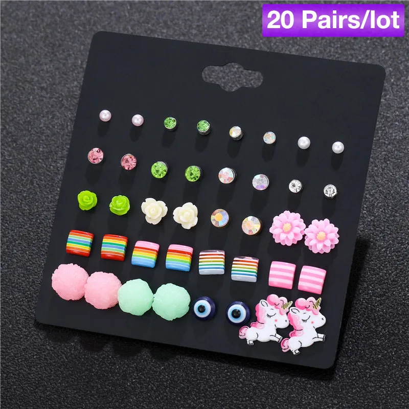 XE091 20 Pairs 50 пар/лот, серьги-гвоздики с искусственным жемчугом, набор для девочек, милые полимерные цветы, медведь, Смешанные Серьги-гвоздики,, детские ювелирные изделия - Окраска металла: XE091 20 Pairs