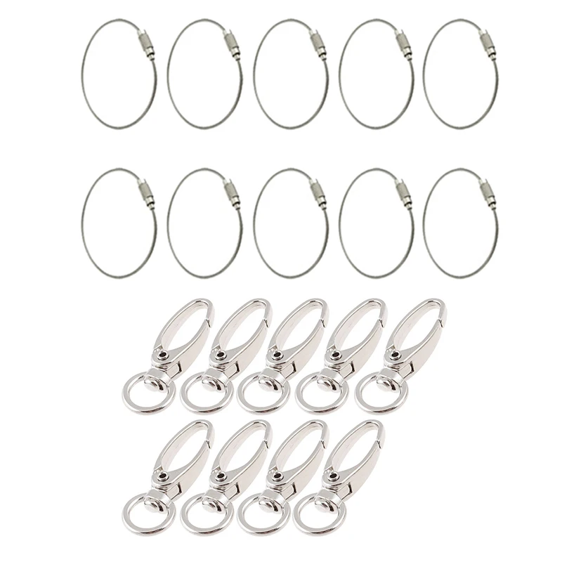 

10pcs Stainless Steel Screw Locking Wire Keychain Cable Key Rings Outdoor Accessory & Silver Tone D Swivel Trigger Hooks Key Rin