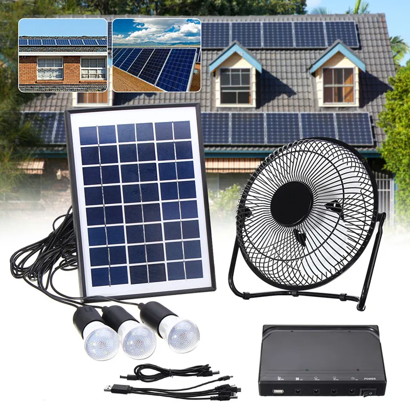

Solar Power Panel Charging DC USB LED Light Lamp Fan Kit For Home Outdoor Camping