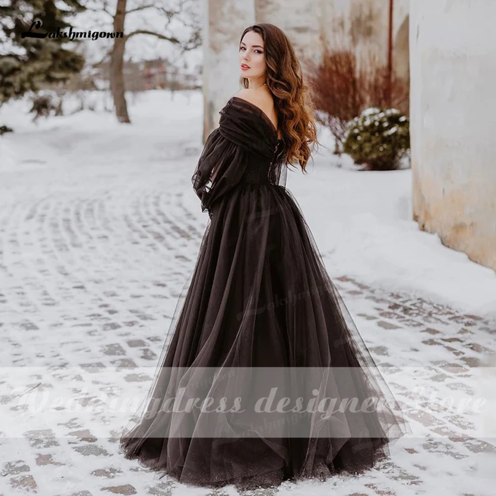 Plus Size Lace Wedding Dresses Gothic Black Long Sleeves V Neck Bridal Gowns  | eBay