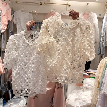 

Woman's Lace Blouse 2020 Spring and Summer New Pearl Beaded Three-Dimensional Flowers Round Neck Short Sleeve Shirt Female Top